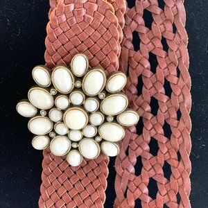 Arden B Brown Leather Woven Belt w/ Beaded Buckle